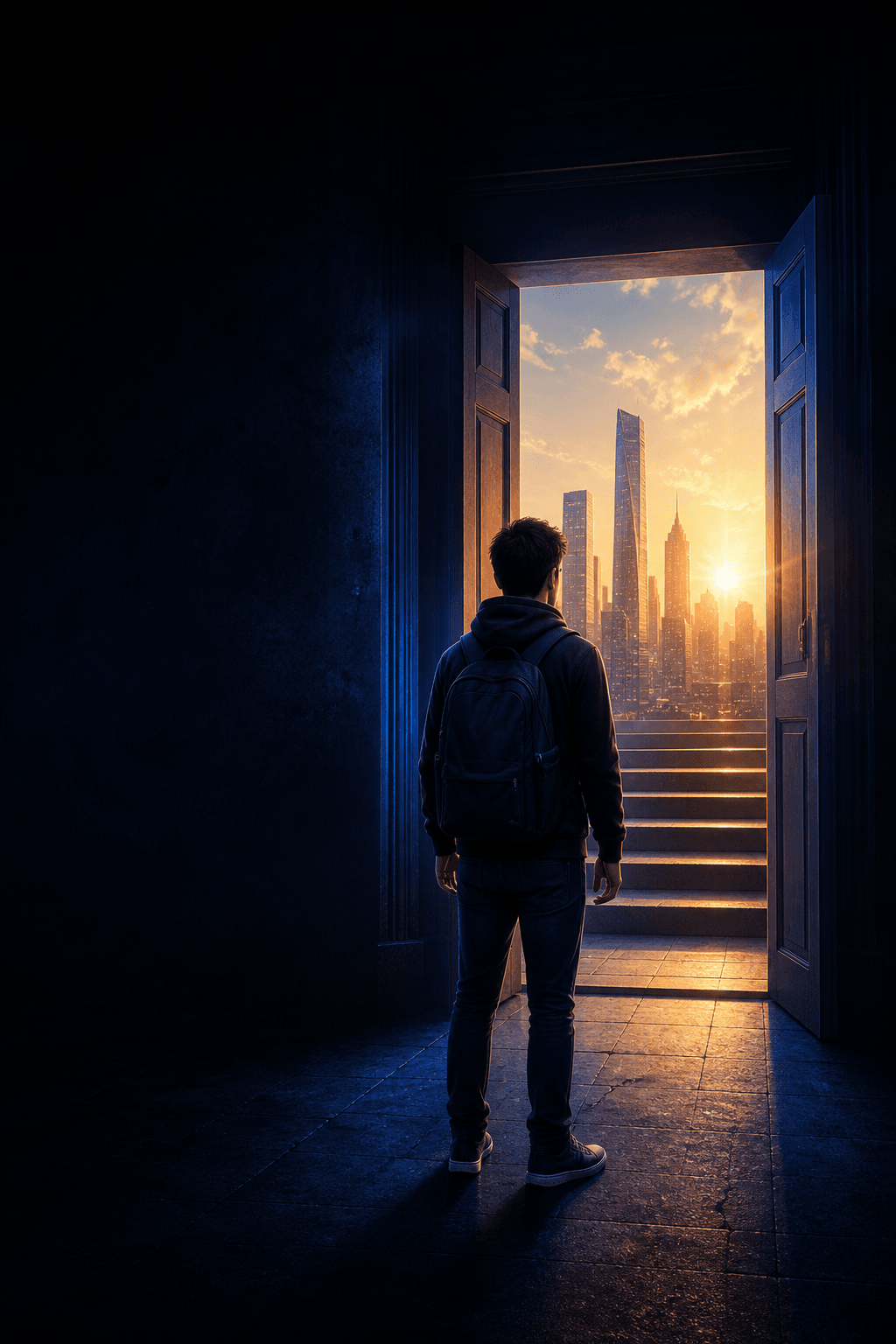 A graduate facing an open doorway toward a city skyline